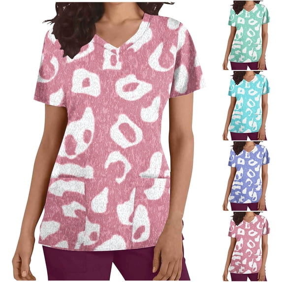 Jinhomg Floral Scrubs for Women Soft Stretchy Short Sleeve V-Neck Medical Uniform Ladies Cute Nurse Shirt with Two Pockets Holiday Sales Light Blue S