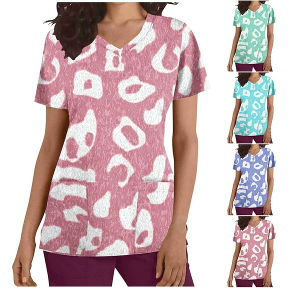 Jinhomg Floral Scrubs for Women Soft Stretchy Short Sleeve V-Neck Medical Uniform Ladies Cute Nurse Shirt with Two Pockets Green L