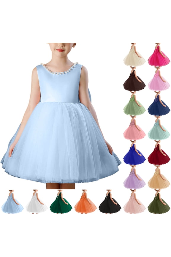 Flower Girl Dress Girls V Back Satin Tulle Dresses A Line Bow Knot Communion Dress Wedding Guest Birthday Party Dresses Formal Gown Orange 100
