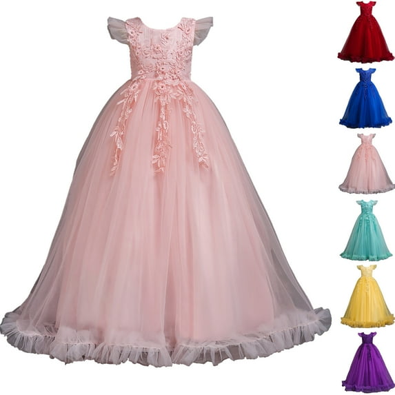 Jinhomg Flower Girls Maxi Dress Elegant Bridesmaid Wedding Dresses Vintage Mesh Patchwork Pageant Party Gown Cute Gift for Little Kids Seasonal Sale Red 5 Years