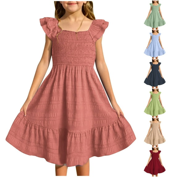 Jinhomg Flowy Summer Dresses for Girls Ruffle Sleeve Smocked Mini Dress Kids Square Neck A Line Sun Dresses Lightweight Going Out Dress Red 11 Years