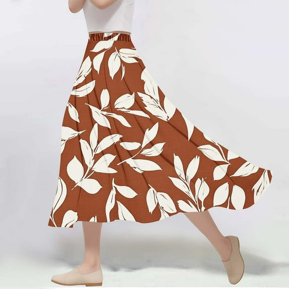 Jinhomg Flowy Summer Skirts for Women Elegant Boho Floral Maxi Skirts Plus Size Comfy Elastic Waist Pleated Skirts 2025 Fashion Vacation Beachwear Brown L