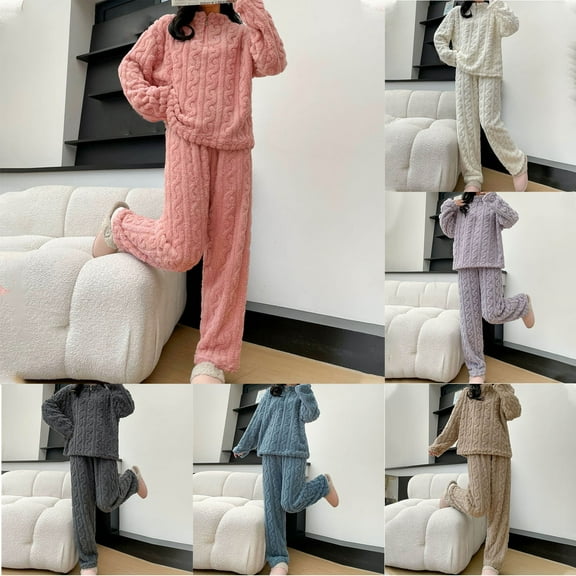 Jinhomg Fluffy Pajamas Set for Women Soft Comfy Fleece Pjs 2 Piece Half Zip Pullover Wide Leg Pants Loose Plush Sleepwear Winter Fuzzy Loungewear Sky Blue Free Size