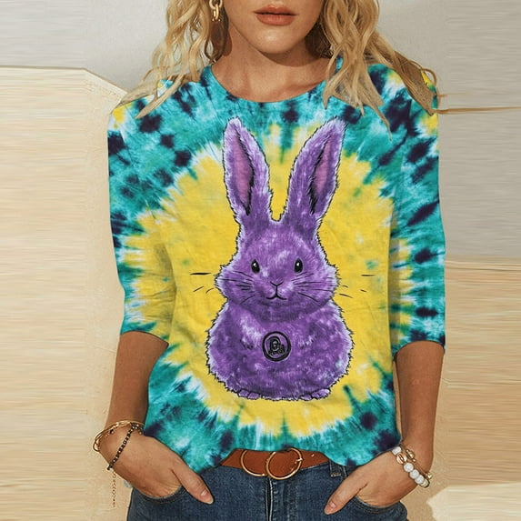 Jinhomg Funny Easter Shirt for Women 2025 Novelty Tie Dye Bunny Graphic Holiday Blouses Casual Loose M/4 Sleeve Round Neck Party Tops Holiday Multicolor L