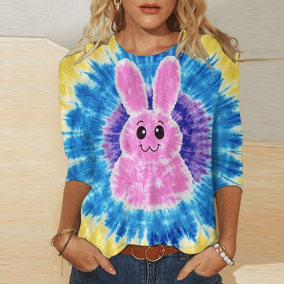 Jinhomg Funny Easter Shirt for Women 2025 Novelty Tie Dye Bunny Graphic Holiday Blouses Casual Loose M/4 Sleeve Round Neck Party Tops Multicolor XXXL