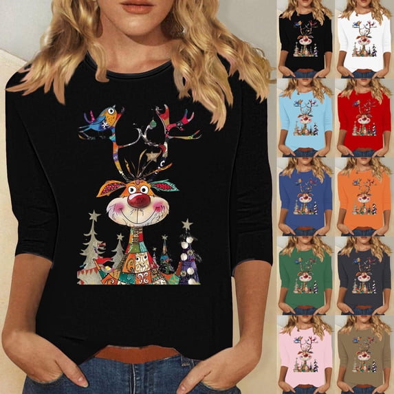 Jinhomg Funny Xmas Shirts for Women Trendy Xmas Deer Cartoon Print Tees Loose Fit Casual 3/4 Length Sleeve Crewneck Holiday Pullover Top Green M
