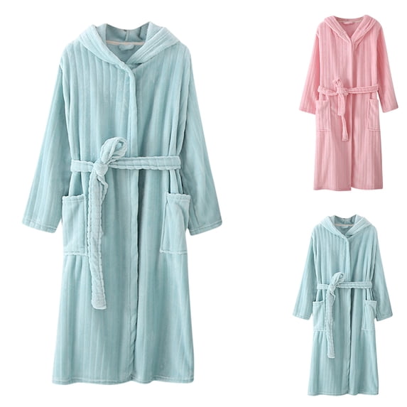 Jinhomg Fuzzy Flannel Pajamas for Women Winter Warm Long Length Bathrobe Casual Comfort Long Sleeve Open Front Hooded Robes with Pockets Winter Saving Pink L
