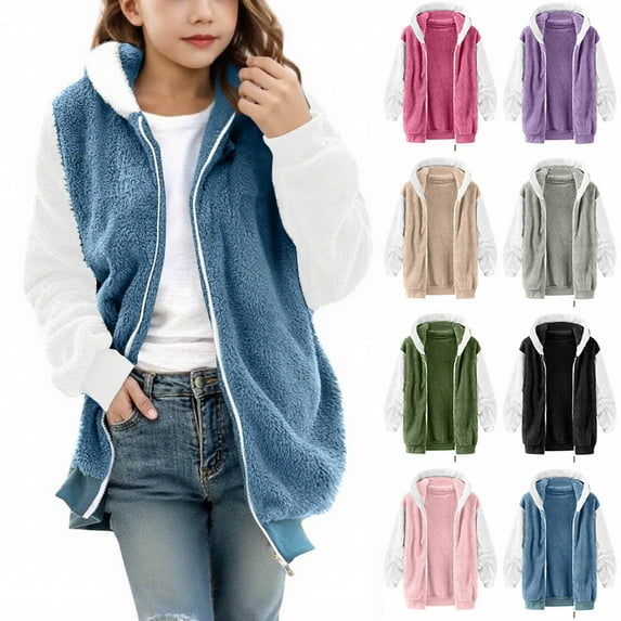 Jinhomg Fuzzy Fleece Jacket for Teen Girls Zip Up Warm Winter Hooded Coats Lightweight Color Block Casual Sherpa Hoodies Jackets 9-10 Years