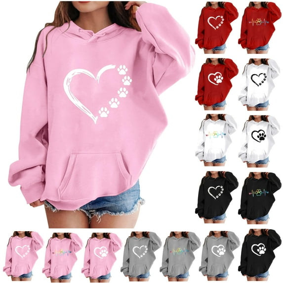 Jinhomg Girl Lightweight Hoodies Valentine's Day Love Heart Print Pullover 2025 Oversized Comfy Long Sleeve Hooded Sweatshirt Cute Holiday Gifts Gray 1 Years