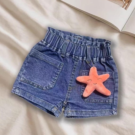 Jinhomg Girl's Wrap Waist Button Jean Shorts Star Patched Denim Shorts with Pockets Fashion Casual Shorts Blue 7-8Years