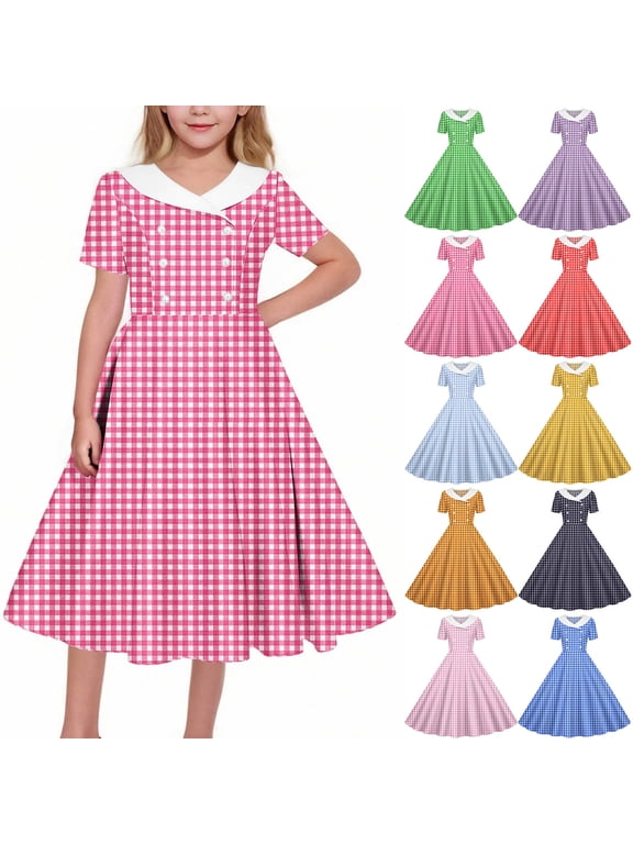 Girls 1950s Vintage Short Sleeve Dress Peter Pan Collar Plaid A Line Dress Retro Buttons Trim Swing Midi Dress Cocktail Party Evening Prom Gown 5-14 Years Yellow