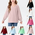 thumbnail image 1 of Jinhomg Girls 2025 Fashion Shirt Cute Puffer Sleeve Blouse Dressy Casual Solid V-Neck T-Shirt Loose Fit Comfy Fall Spring Tops Daily Wear Light Blue 140, 1 of 9
