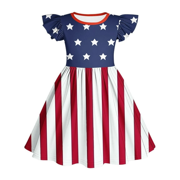 Jinhomg Girls American Flag Dresses Cute Ruffle Sleeve A Line Midi Dress Casual 4Th Of July Party Dress Independence Day Going Out Outfits Blue 13 Years