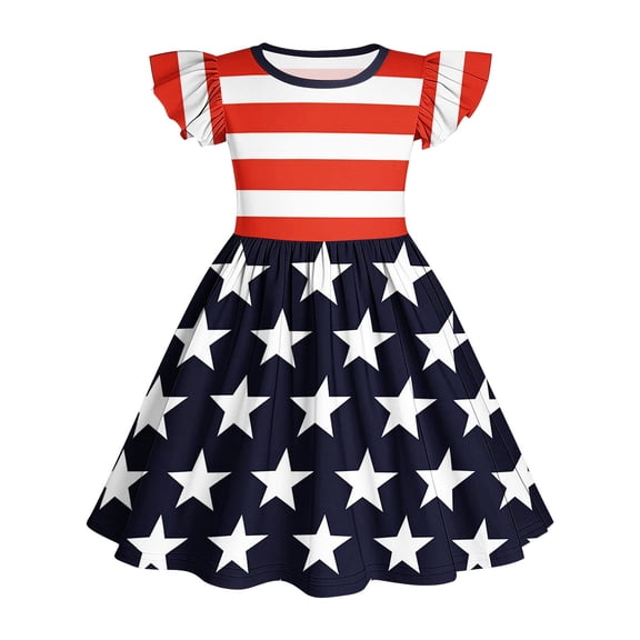 Jinhomg Girls American Flag Dresses Cute Ruffle Sleeve A Line Midi Dress Casual 4Th Of July Party Dress Independence Day Going Out Outfits Blue 3 Years