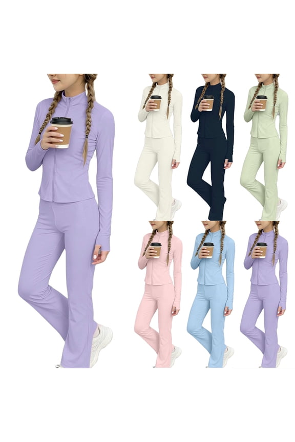 Girls Athletic Outfit Sets Stand Collar Zip Up Long Sleeve Slim Top & Flare Leggings Pant Yoga Set Breathable Gym Outfit Activewear for Kids 3-15Y