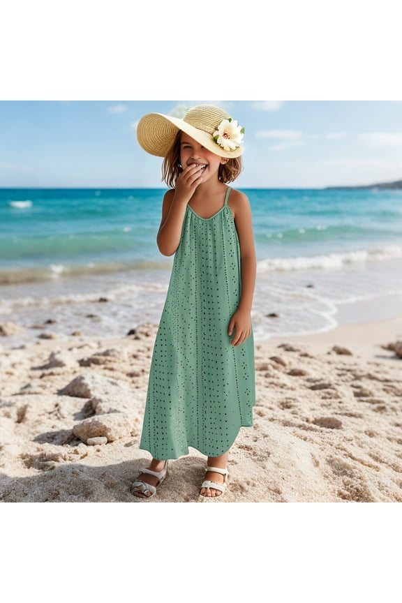 Girls Beach Summer Dresses Spaghetti Strap Eyelet Maxi Dress Breathable Comfy Sleeveless V-Neck Cami Dresses Vacation Sundress Green 13 Years