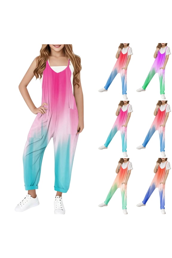 Girls Casual Sleeveless Jumpsuits Lightweight Comfy Spaghetti Strap Summer Romper Loose Fit Gradient Color Long Pants with Pockets 90 Percent off Clearance Sale Hot Pink 9 Years