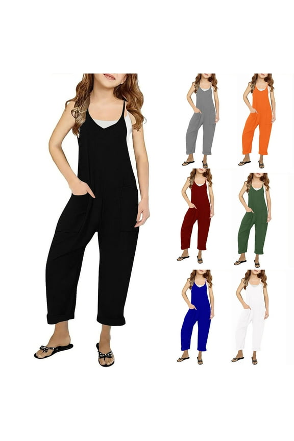 Girls' Casual Sleeveless Jumpsuits Loose Fit Comfy Spaghetti Strap Romper Basic Solid Color Long Pants with Pockets Summer Daily Wear Sales Today White 5 Years