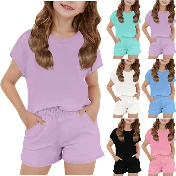 Jinhomg Girls Casual Summer Outfits Comfort Short Sleeve Crew Neck T-Shirts with Shorts Big Kids Plain Solid Lounge Sets 2025 Fashion Daily Wear Black 11 Years