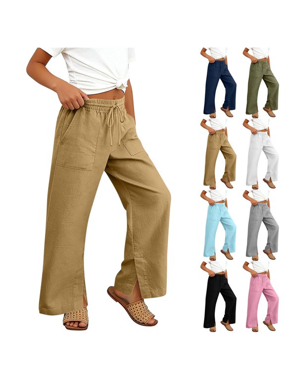 Girls Cotton Linen Lounge Pants Split Hem Wide Leg Pants School Uniform Elastic Waist Summer Casual Beach Trousers with Pockets 4-14 Years