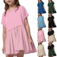 thumbnail image 1 of Jinhomg Girls Cue Summer Dresses Fashion Patchwork Pleated Dress Casual Loose Short Sleeve Crew Neck A Line Beach Boho Mini Dress 2025 Cute Gifts Brown 5 Years, 1 of 10