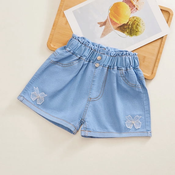 Jinhomg Girls Cute Jean Shorts Lightweight Comfy Elastic Waist Denim Shorts Stretchy Wide Leg Floral Print Casual Summer Short Pants Toddler Everyday Trousers White 9 Years