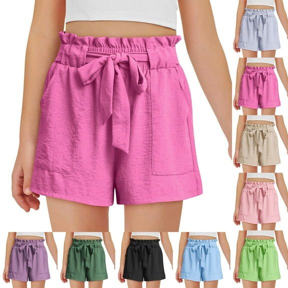 Jinhomg Girls Cute Summer Shorts Baggy Ruffle High Waisted Shorts Adjustable Tie Knot Summer Dress Shorts with Pockets 2025 Casual Short Pants Hot Pink 7 Years