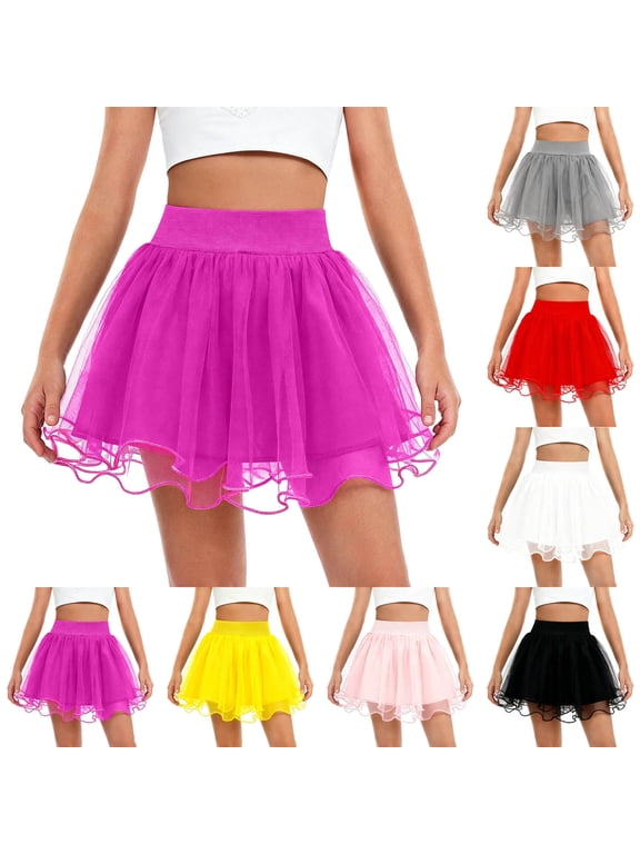 Girls Dance Skirts Elastic Waist Tulle Mini Skirt Fluffy Ruffle Hem Performance Tutu Skirts for Girls Ballet/Party 1-14Y