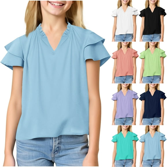 Jinhomg Girls Fashion Summer Shirts Cute Ruffle Sleeve V-Neck Blouses Casual Comfy Solid Pullover Tops Green 5 Years