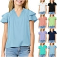 thumbnail image 1 of Jinhomg Girls Fashion Summer Shirts Cute Ruffle Sleeve V-Neck Blouses Casual Comfy Solid Pullover Tops Mint Green 5 Years, 1 of 10