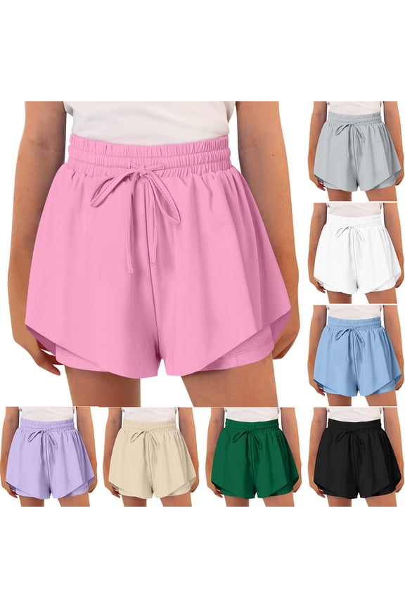 Girls Flowy Running Shorts Elastic Drawstring Waist Athletic Skorts 2 In 1 Cheer Shorts Workout Gym Casual Shorts Blue 6 Years