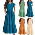 thumbnail image 1 of Jinhomg Girls Flowy Tiered Dress Toddler Kids Casual Solid Pleated Dress Lightweight Comfy Ruffle Short Sleeve Maxi Dress Loose Sundresses Lighten 90 off Clearance Sale Orange 140, 1 of 7