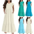 thumbnail image 1 of Jinhomg Girls Flowy Tiered Dress Toddler Kids Casual Solid Pleated Dress Lightweight Comfy Ruffle Short Sleeve Maxi Dress Loose Sundresses Winter Saving Beige 160, 1 of 7