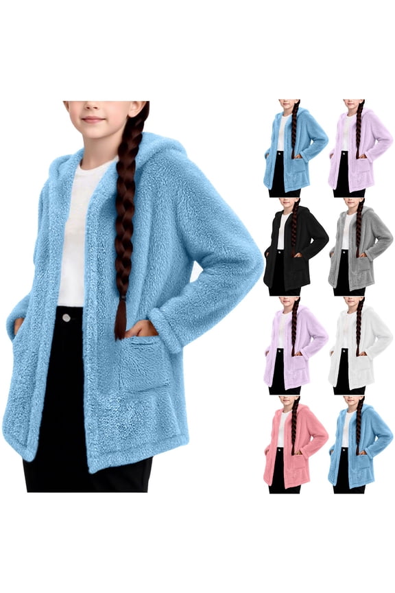 Girls Fuzzy Fleece Jacket Fall Winter Faux Fur Coat Sherpa Jacket Casual Loose Open Front Cardigan Outerwear with Pockets 7-8 Years