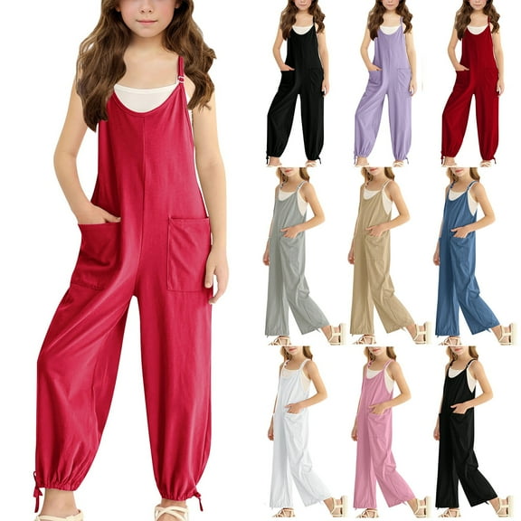 Jinhomg Girls Long Pants Fashion Sleeveless Adjustable Straps Overalls Leisure Drawstring Cuffs Romper with Pockets Casual Summer Onesie 90 Percent off Clearance Sale Beige 7 Years