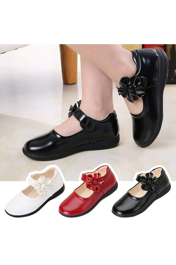 Girls Mary Janes Shoes Kids Cute Floral Strap Flats Pu Leather Closed Toe formal Slip-On School Uniform Dress Princess Shoes Black 33
