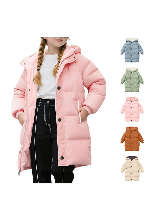 Girls Mid Long Winter Coat Heavyweight Hooded Puffer Jacket Thicken Zip Up Quilted Outwear Coat With Pockets for Little Kids