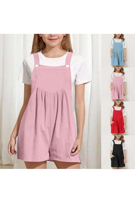 Girls Overalls Shorts Lightweight Comfy Spaghetti Straps Linen Jumpsuit Casual Solid Sleeveless Short Jumpsuit Cute Playsuit Red 7 Years