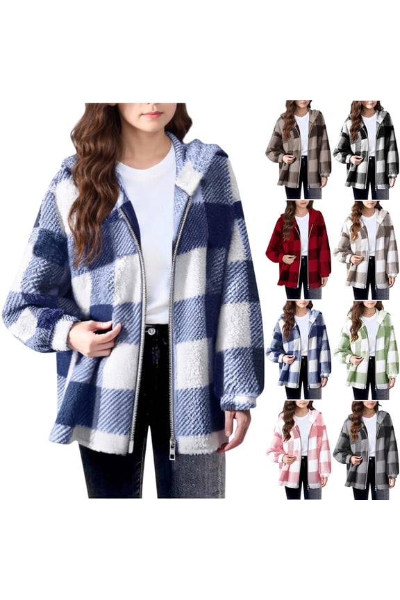 Girls Plaid Fleece Hoodie Jacket Kids Fuzzy Sherpa Hooded Jackets Fall Winter Plush Coats Full Zip Up Buffalo Jackets Outerwear 7-8 Years