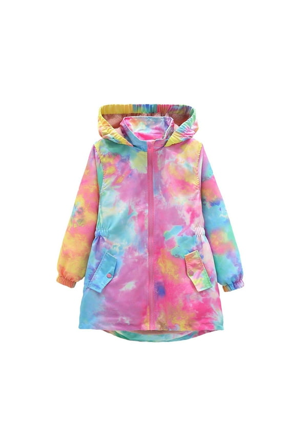 Girls Rain Jackets Waterproof Hooded Fleece Lined Raincoats Print Water-Resistant Lightweight Windbreakers for Kids 10 Years