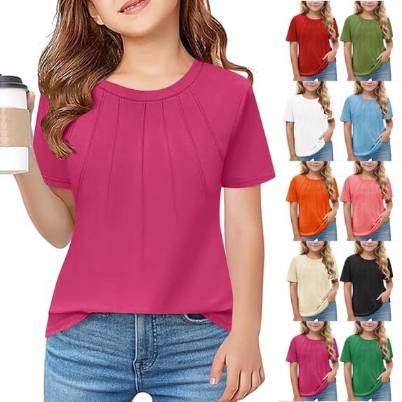 Jinhomg Girls Short Sleeve Summer T Shirts Casual Solid Pleated Tunics Lightweight Comfy Crewneck Blouses 2025 Trendy Tops Pink 5 Years