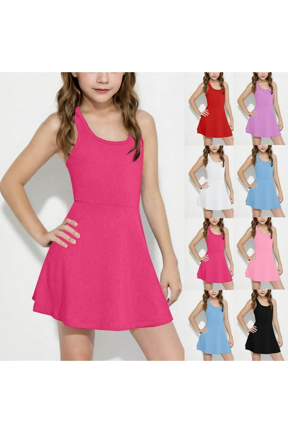 Girls' Sleeveless Skater Dress Slim Fit Comfy Crew Neck Midi Dresses Basic Solid Summer Tennis Skirts Kids Outdoor Sportswear Black 6-7Years