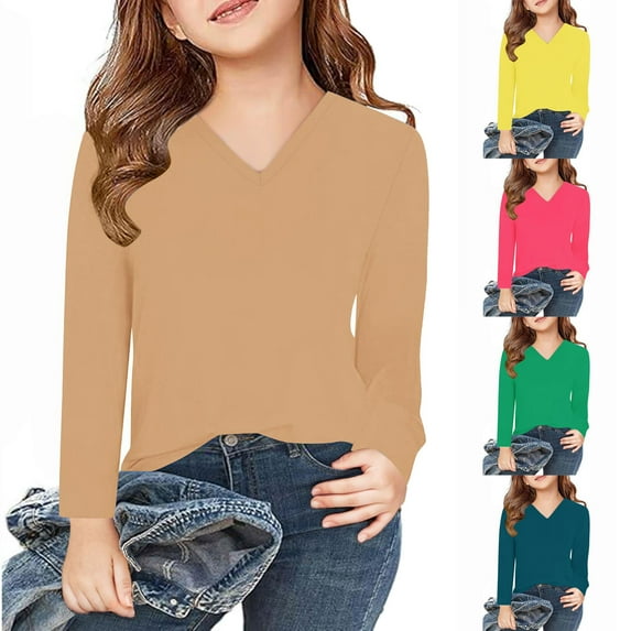 Jinhomg Girls Slim Fit Shirt Toddler Kids Casual Solid Color Tunic Tops Lightweight Comfort Long Sleeve V-Neck Fall Spring Blouse Daily Wear Blue 11 Years