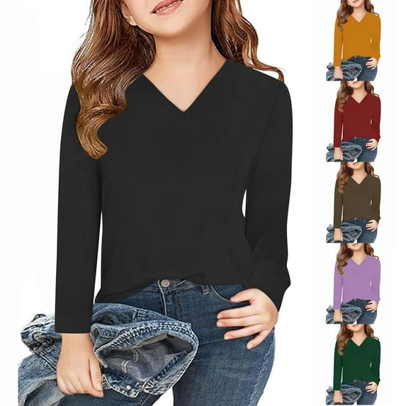 Jinhomg Girls Slim Fit Shirt Toddler Kids Casual Solid Color Tunic Tops Lightweight Comfort Long Sleeve V-Neck Fall Spring Blouse Daily Wear Prime Day 2026 Purple 13 Years
