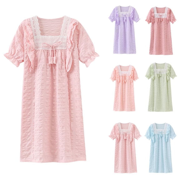 Jinhomg Girls Soft Cotton Dress Cute Puff Sleeve Midi Sleep Dresses Casual Square Neck Lace Up Nightgowns Big Kids Summer Lounge Wear Purple 15-16Years