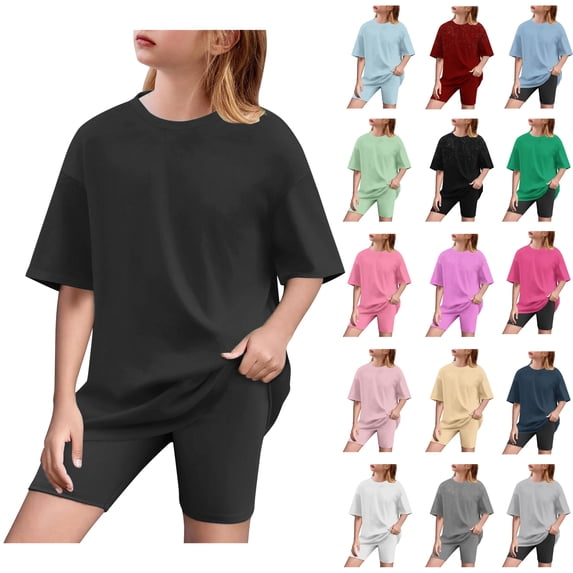 Jinhomg Girls Summer 2 Piece Outfits Kids Oversized T Shirts and Shorts Clothing Sets Lightweight Summer Sportswear Beige 12 Years