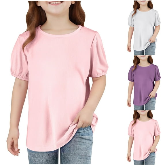 Jinhomg Girls Summer Blouse Cute Puff Sleeve Knitted Shirts Casual Comfy Solid Crew Neck Tops 2025 Trendy Going Out Wear Pink 12 Months