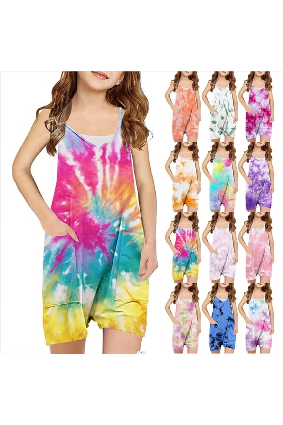 Girls Summer Jumpsuit 2025 Novelty Fancy Tie Dye Print Overalls Casual Comfy Onesie Spaghetti Straps Short Pants with Pockets 2025 Saving Multicolor 5 Years