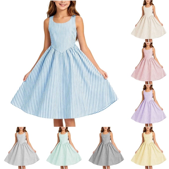 Jinhomg Girls Summer Striped Sundress 2026 Sleeveless Tank Dresses Flowy PLeated A Line Swing Sundress Casual Home Party Beach 5-15 Years Blue