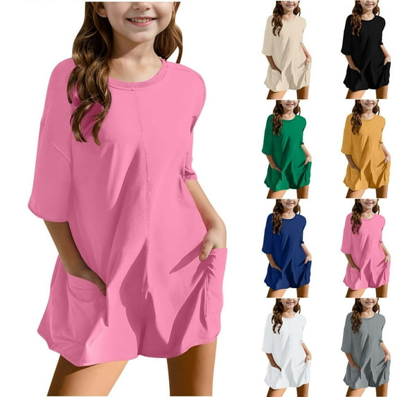 Jinhomg Girls Summer T-Shirts Oversized Comfy Half Sleeve Onesie Jumpsuits Casual Loose Solid Crew Neck Workout Athletic Romper Daily Wear Clearance Items for Kid Pink 13 Years